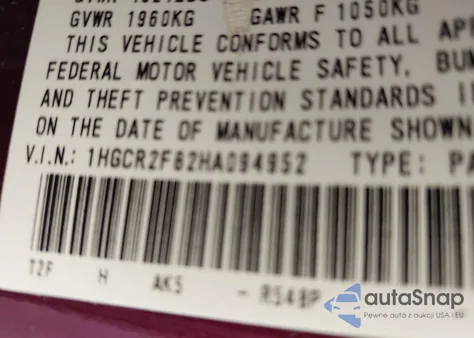 2017 Honda Accord Ex-L из США, поврежденный, VIN 1HGCR2F82HA094952